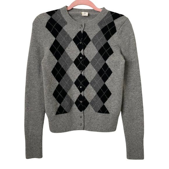 J. Crew Cardigan Womens Medium Gray 100% Cashmere Argyle Academia Preppy Y2K - Picture 1 of 10